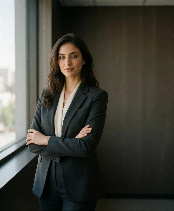 Jordanian woman in a tailored charcoal suit jacket standing in a modern office corridor