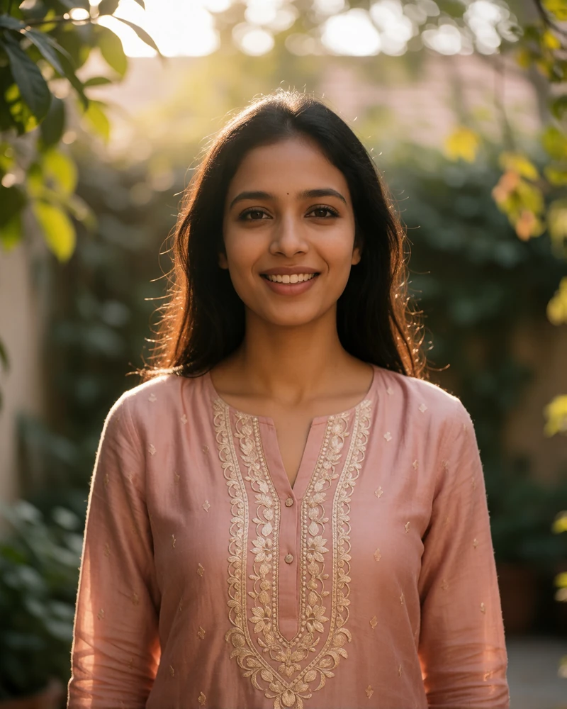 Indian member in a rose-toned kurta smiling in a leafy garden courtyard in Bangalore at golden hour