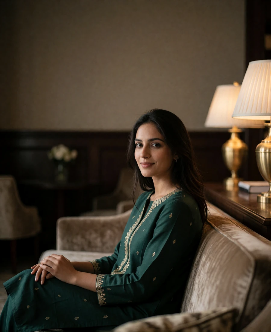 Pakistani member in a deep emerald kurta seated in a refined hotel lounge under warm lamplight