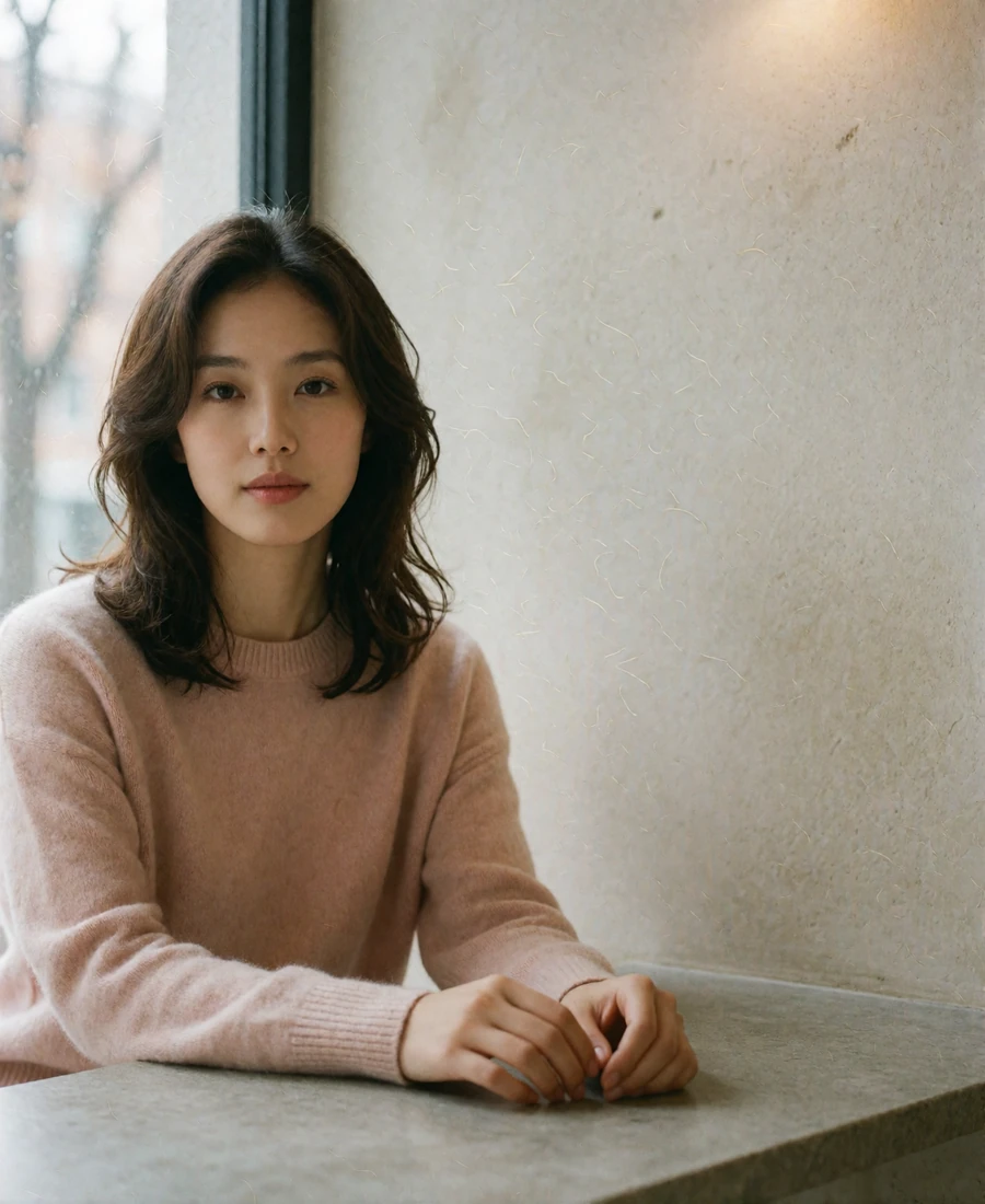Verified Korean member in a blush cashmere sweater seated by a café window in soft daylight