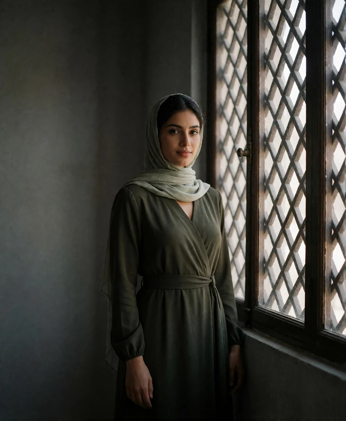 Yemeni woman beside a latticed window in soft daylight wearing an olive dress