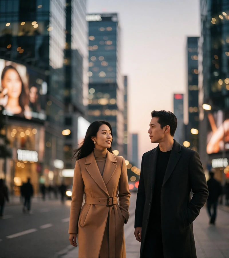 Couple walking together along a modern city street at dusk in easy conversation