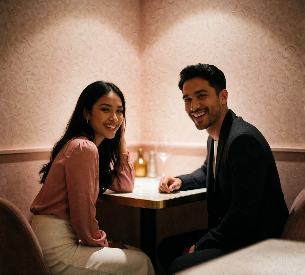 Couple seated together at a restaurant table, laughing softly in warm evening light