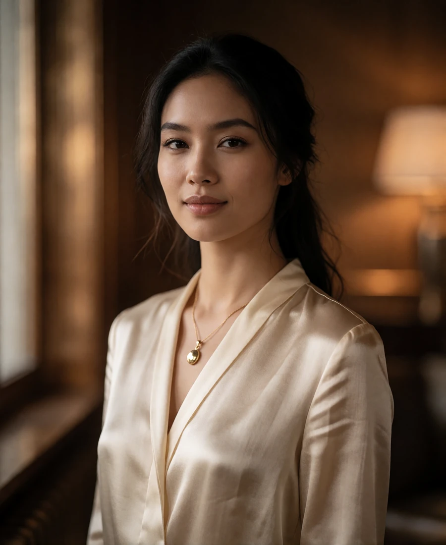 Lao woman in a cream silk blouse with a gold pendant smiling gently in a softly lit interior