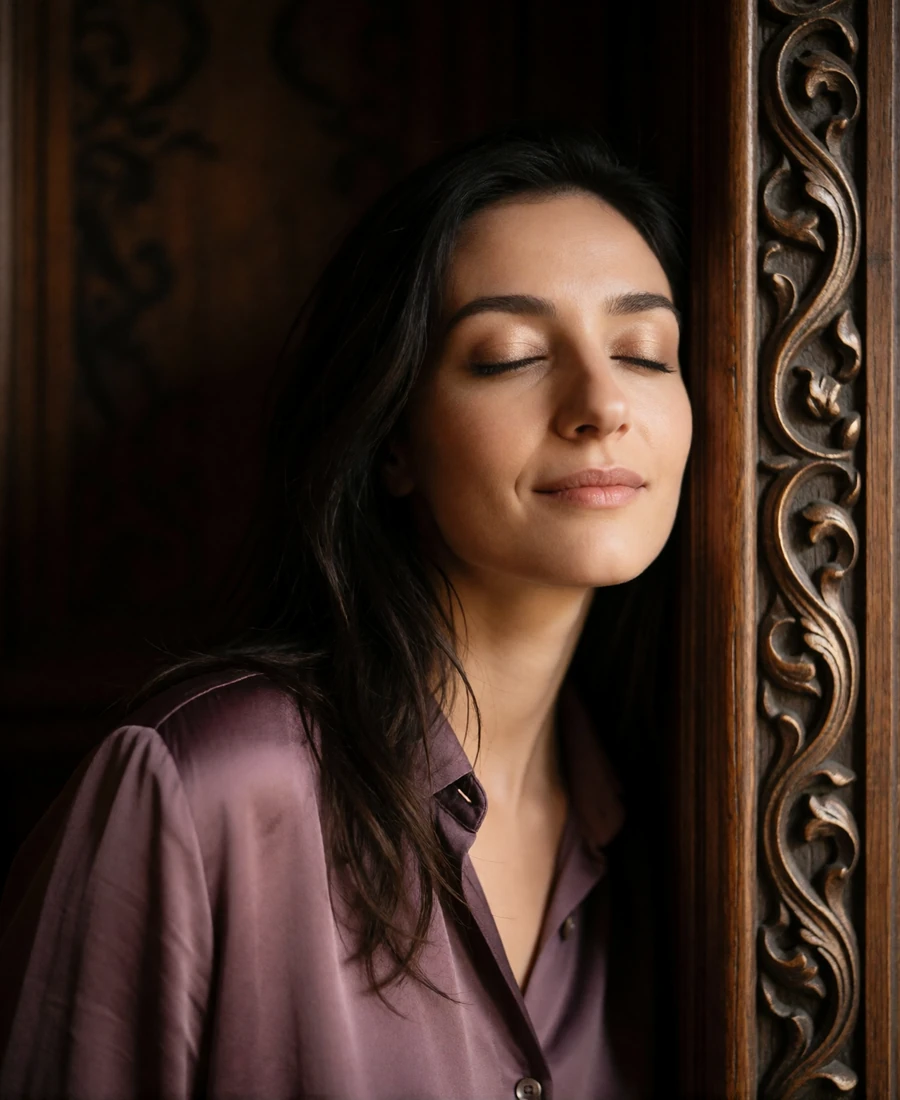Armenian member in a muted plum silk shirt leaning against a carved wooden frame