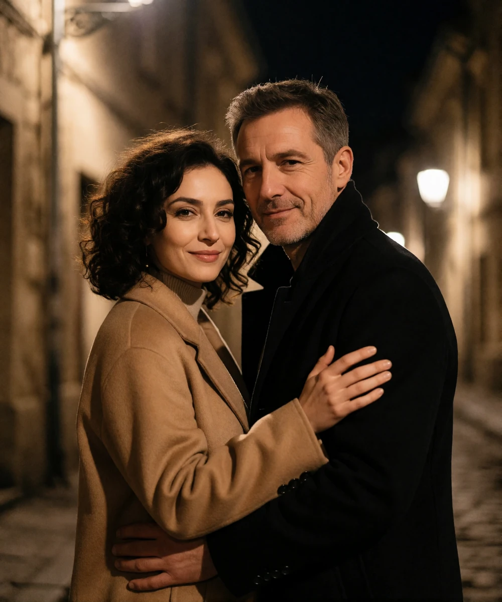 Anonymous couple standing together on a quiet old-town street in the evening with warm streetlight glow