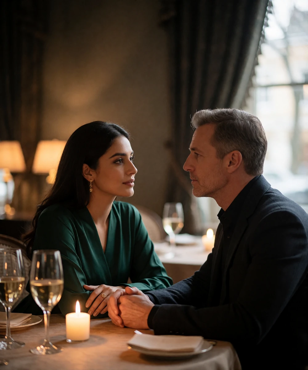 Couple sitting across a candlelit table in an elegant restaurant in quiet conversation