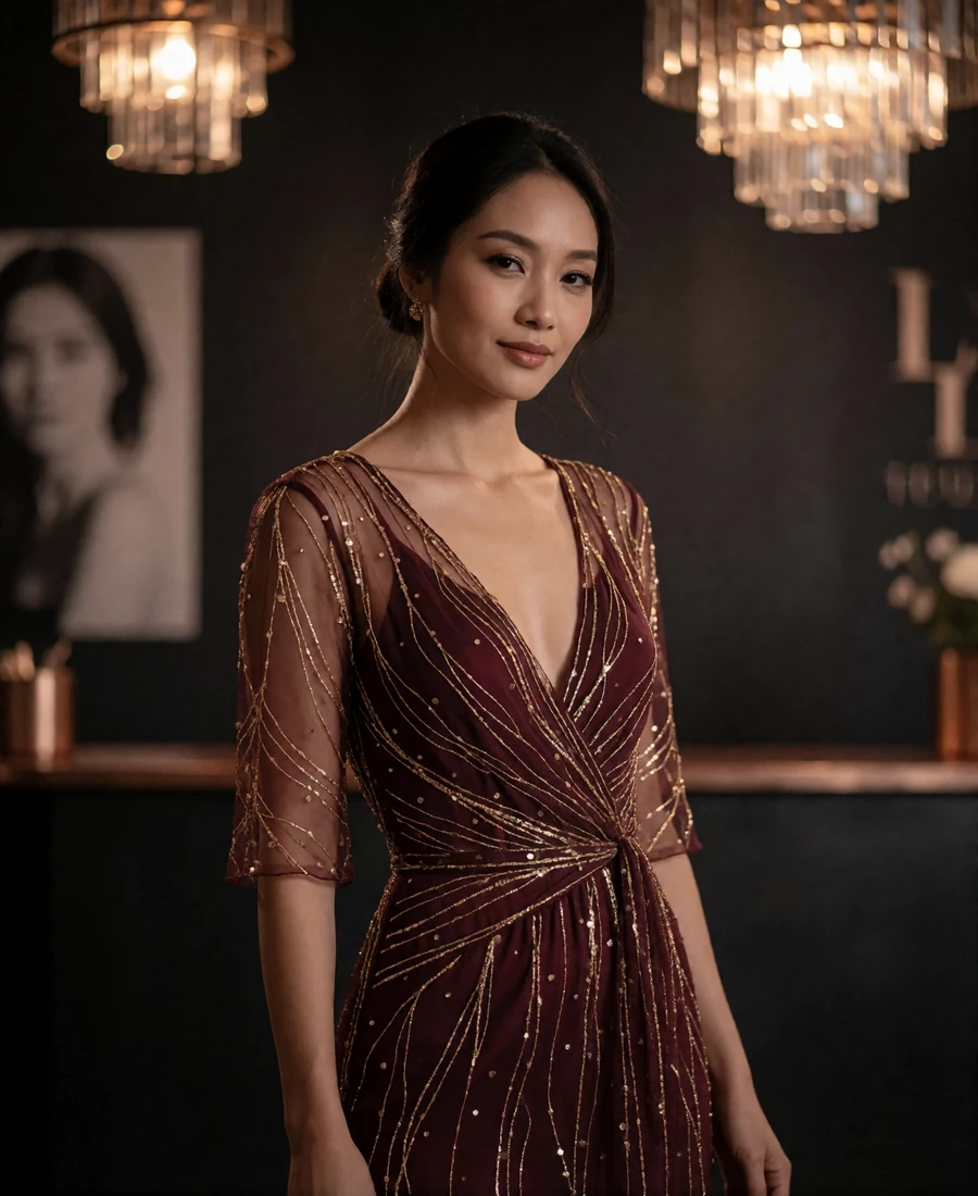 Lao woman in a garnet evening dress with gold detail at a warmly lit evening reception