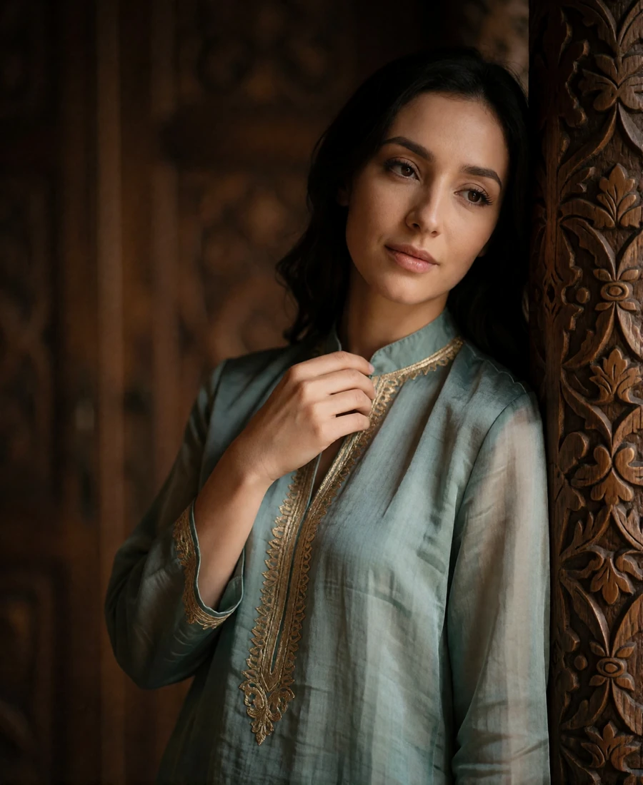 Uzbek member in a muted teal silk tunic leaning against a dark carved wooden column