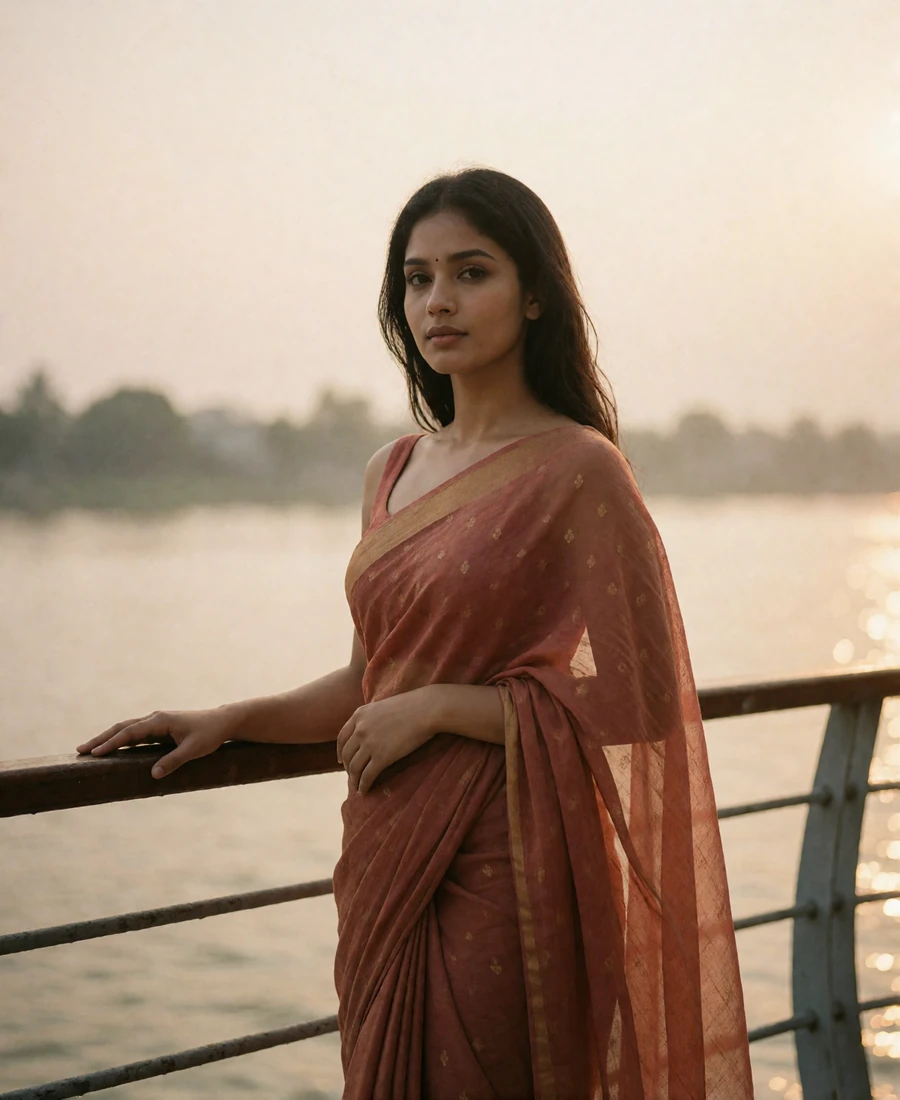 Bangladeshi woman in a terracotta saree standing beside a riverside railing at golden hour