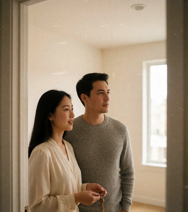 Couple standing in the doorway of a bright empty apartment, the woman holding a single set of keys