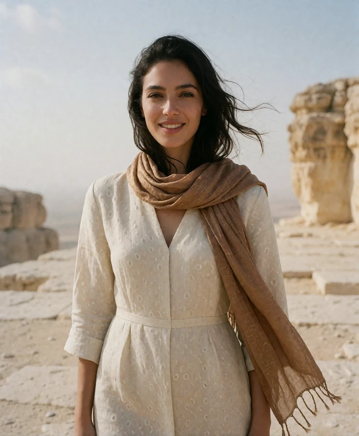 Jordanian woman in a cream linen dress and bronze scarf standing on an open sandstone plateau