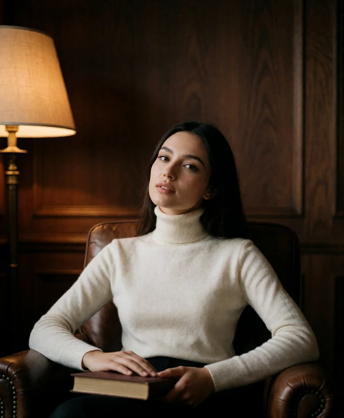 Kyrgyz member in an ivory turtleneck seated in a leather armchair in a wood-paneled reading room