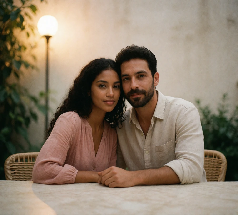 Couple seated together at a simple outdoor table under warm evening light