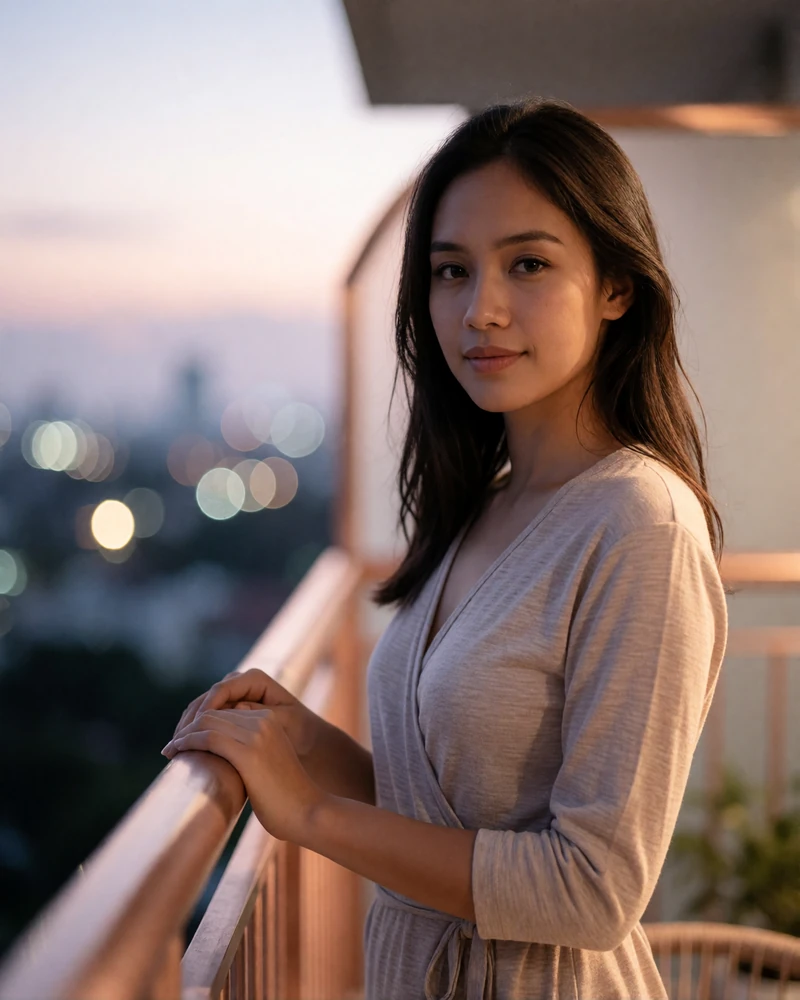 Filipino member in a grey wrap top standing on an apartment balcony at dusk with city lights behind her