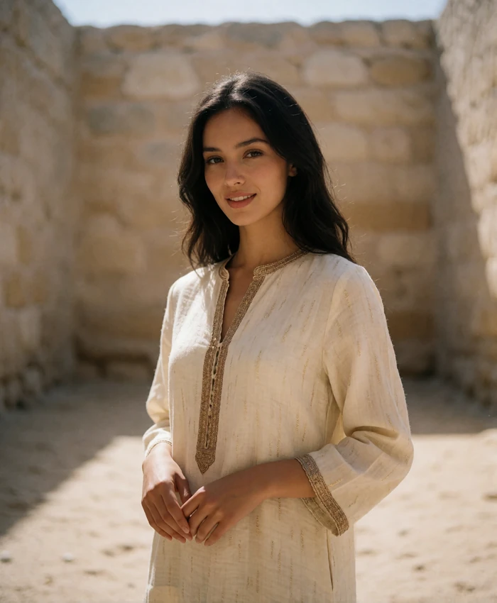 Turkmen member in an ivory tunic smiling in a sunlit sandstone courtyard