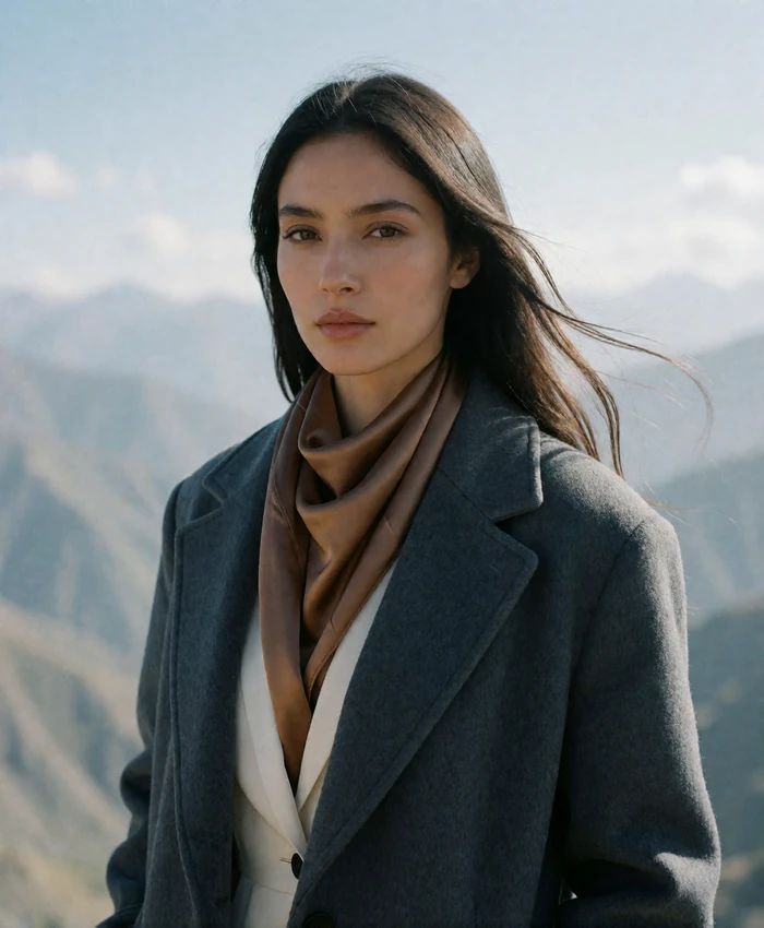 Tajik woman in a grey wool coat standing at a mountain overlook with distant ridges behind her