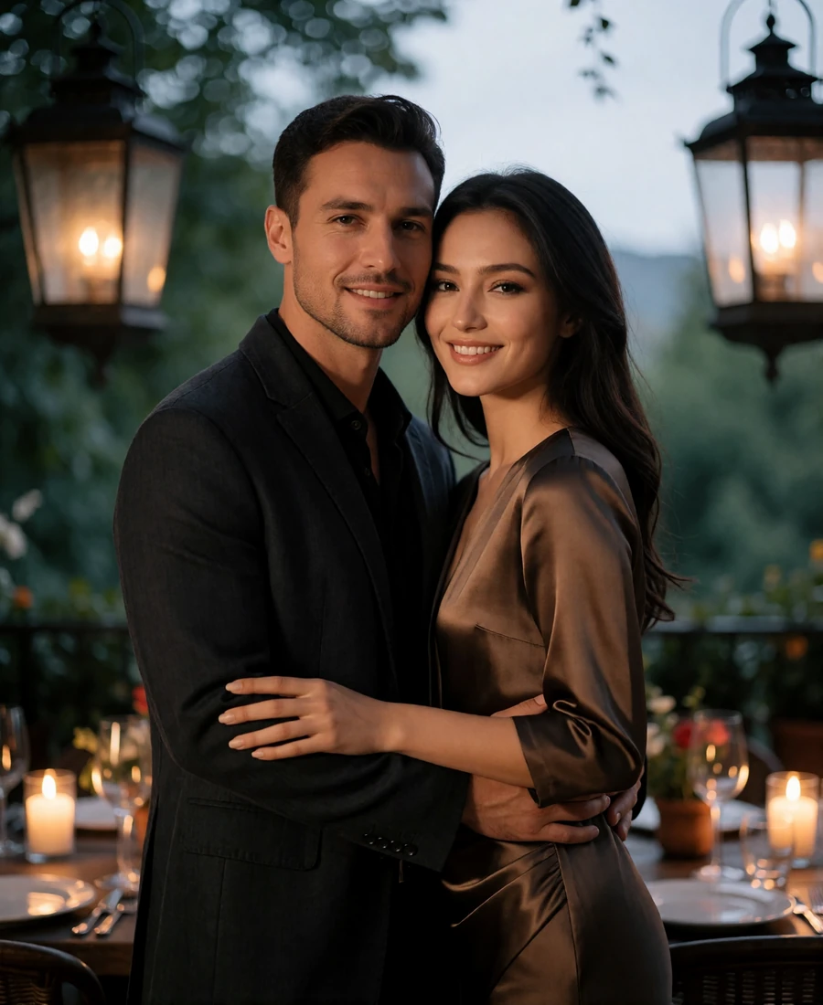 Couple embracing on a candlelit restaurant terrace with soft lantern light behind them