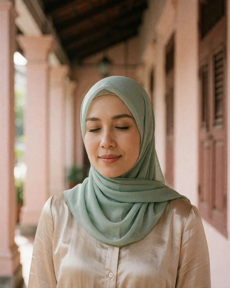 Malaysian member in a jade headscarf smiling in a heritage shophouse arcade in Penang