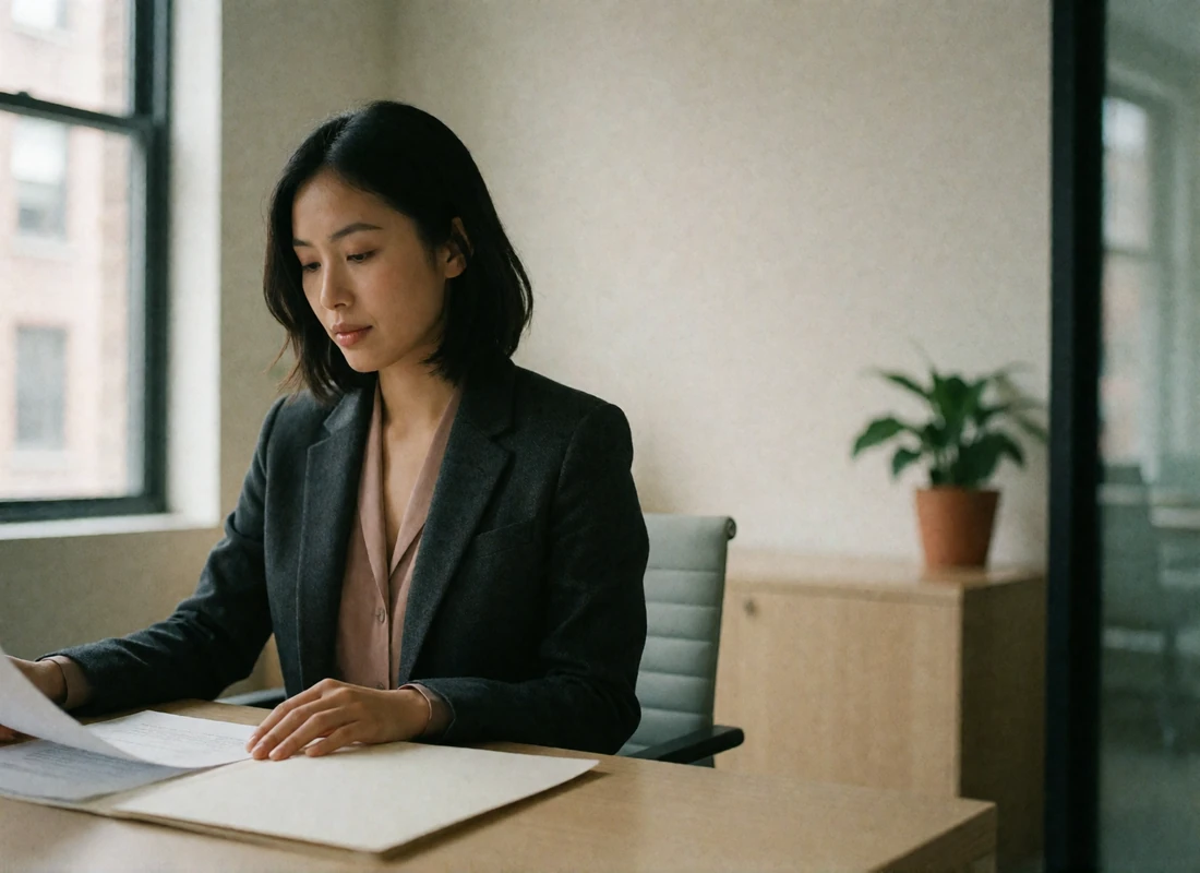 Asian moderator in a charcoal blazer reviewing verification documents at a desk in a quiet office