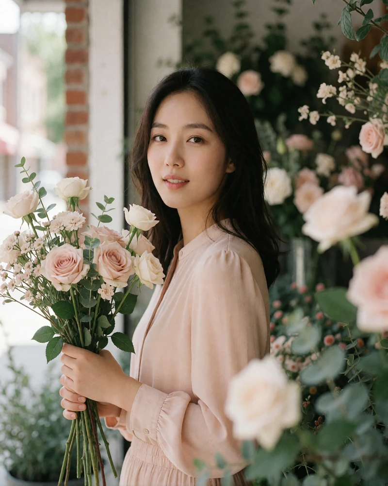 Korean member in a blush blouse holding a bunch of pale flowers inside a small flower shop