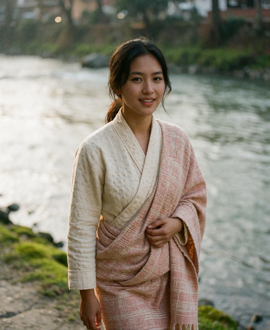 Bhutanese member in a cream and dusty-rose wrap walking along a quiet riverside path