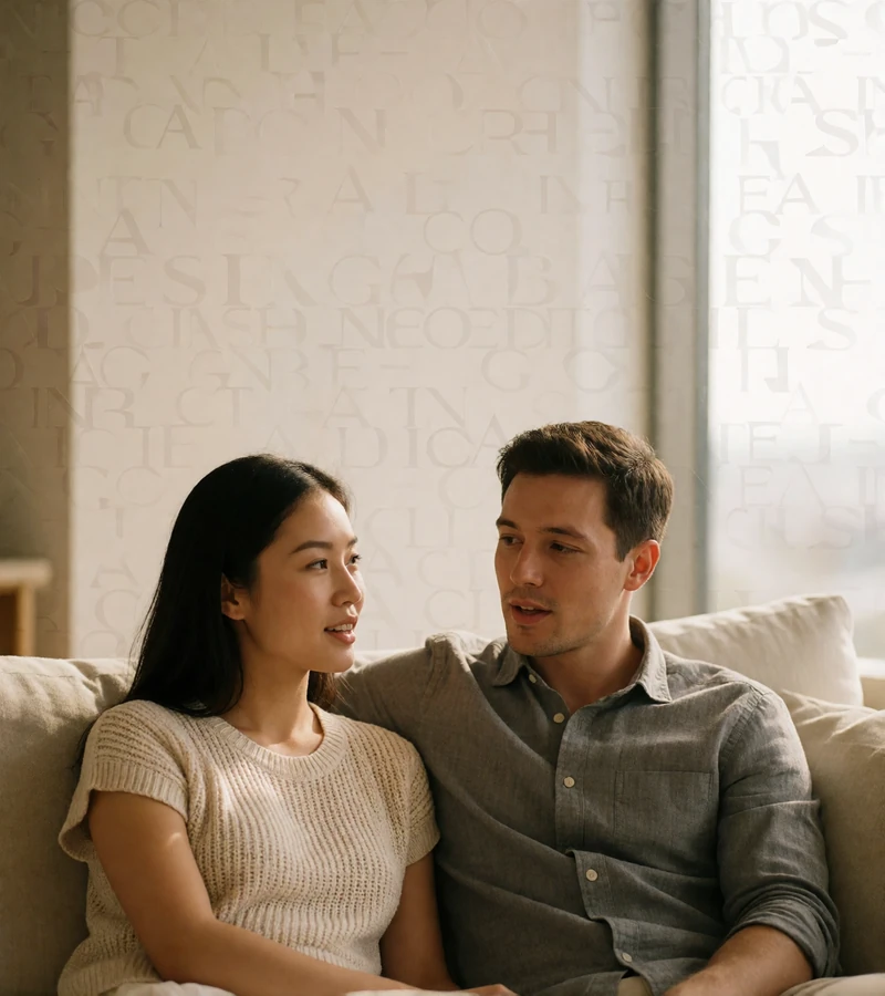 Asian woman and man sitting together on a sofa talking quietly beside a bright window in a modern apartment