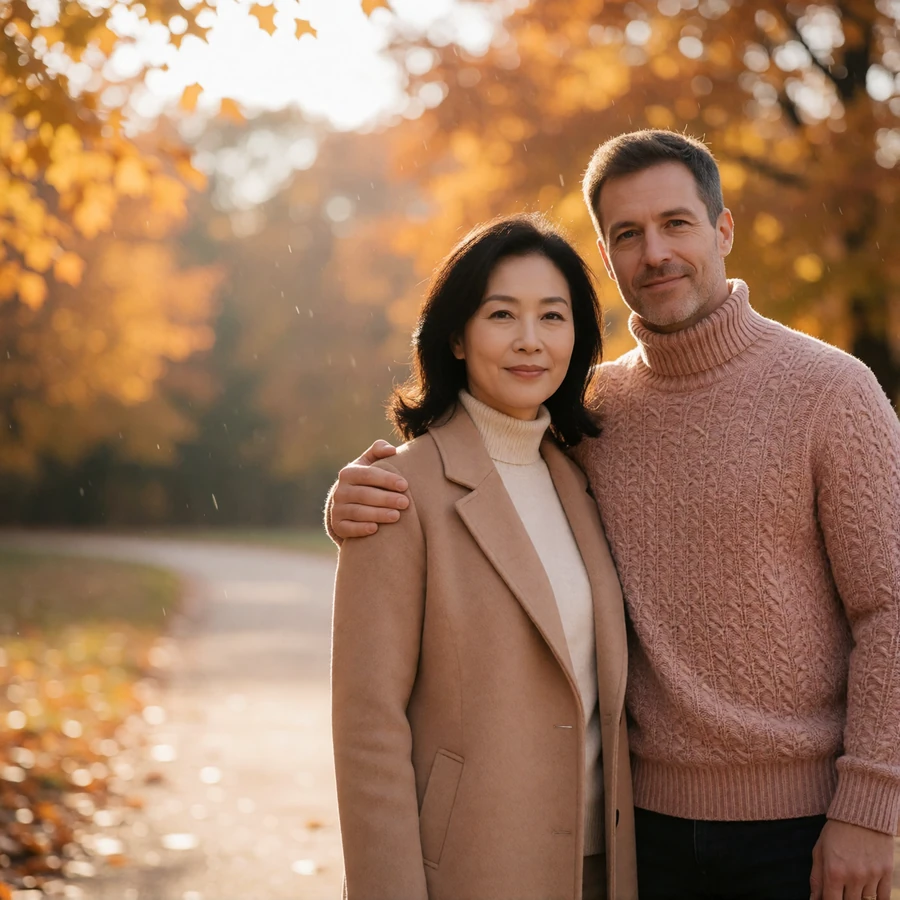 Couple walking together on an autumn park path, a Korean woman and a Western man in warm afternoon light
