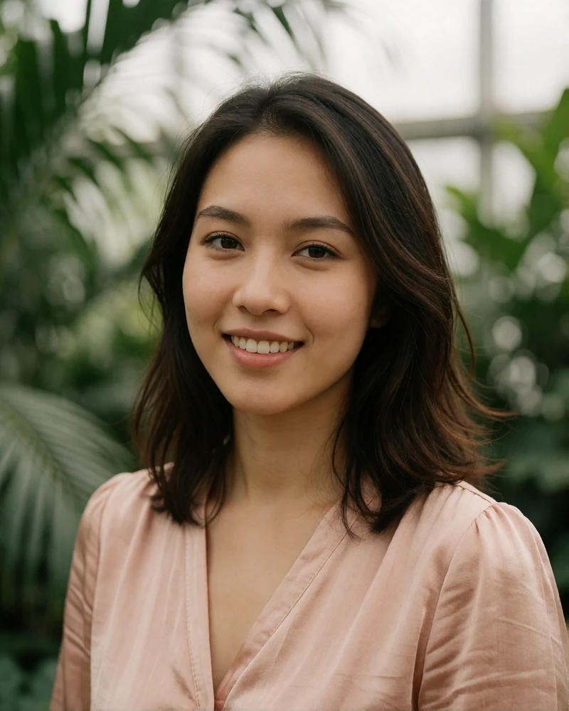 Singaporean member in a soft rose blouse smiling inside a light-filled botanical conservatory