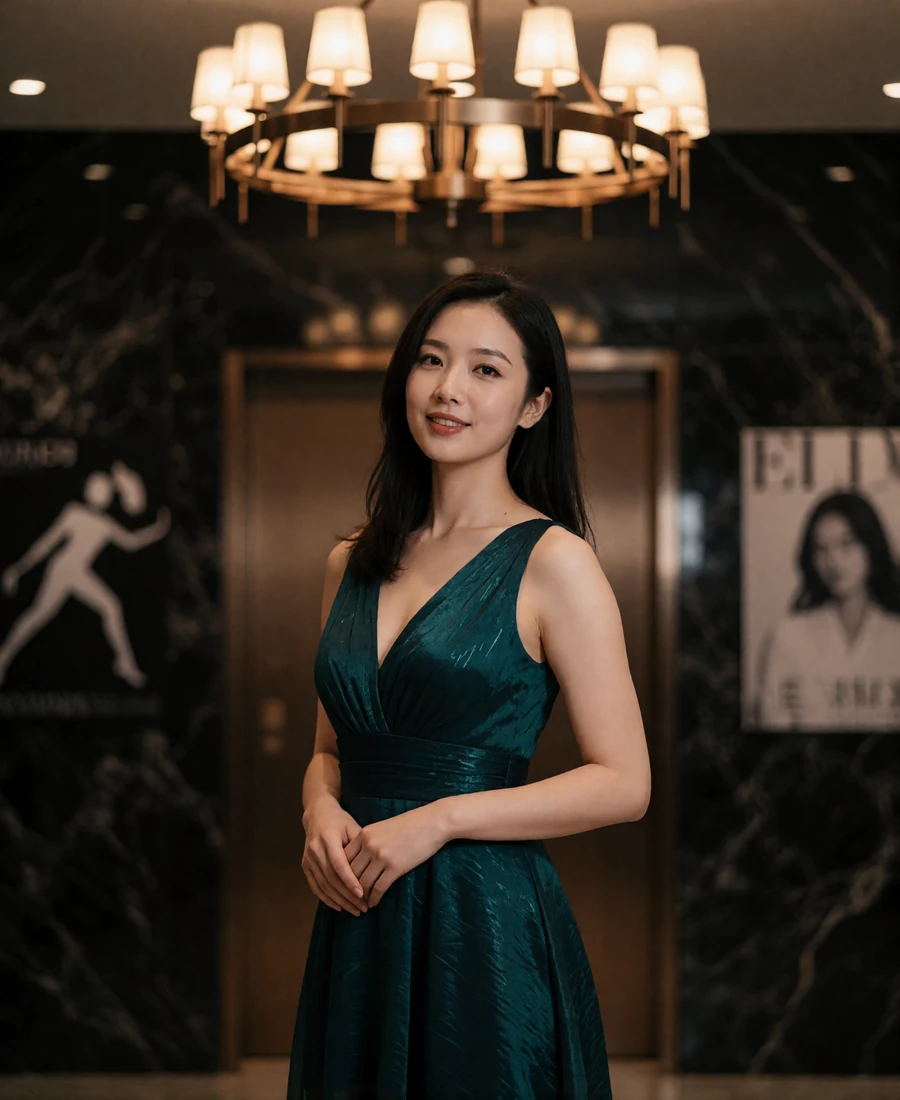 Taiwanese member in a deep emerald gown standing in the foyer of a concert hall