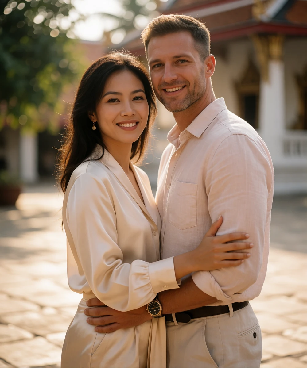 Couple smiling together in a sunlit temple courtyard in Thailand
