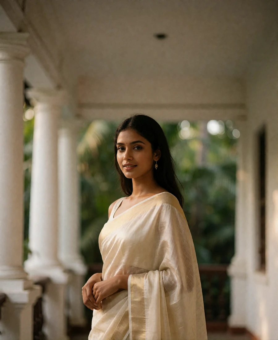 Sri Lankan member in an ivory silk saree smiling on a shaded colonial porch with white columns