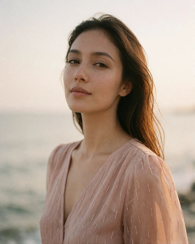 Refined Indonesian member in a dusty-rose dress on a seaside promenade at golden hour