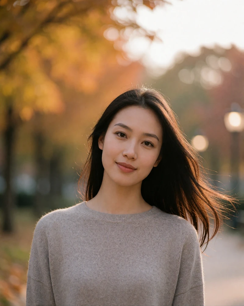 Chinese member with long dark hair smiling in a city park among golden autumn foliage