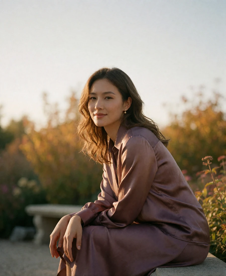 Mongolian member in a plum silk blouse seated on a stone bench in a quiet autumn garden