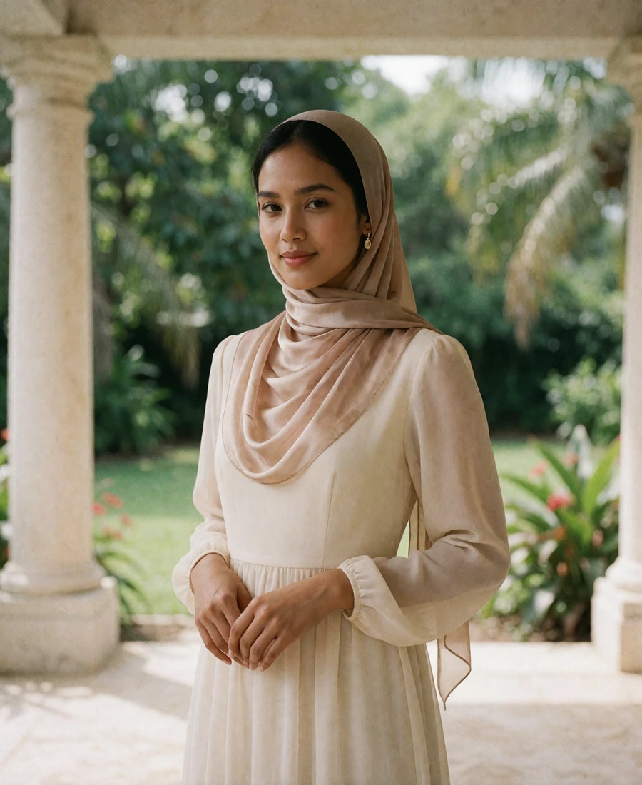 Bruneian member in a cream chiffon dress with a champagne headscarf standing in a shaded garden pavilion