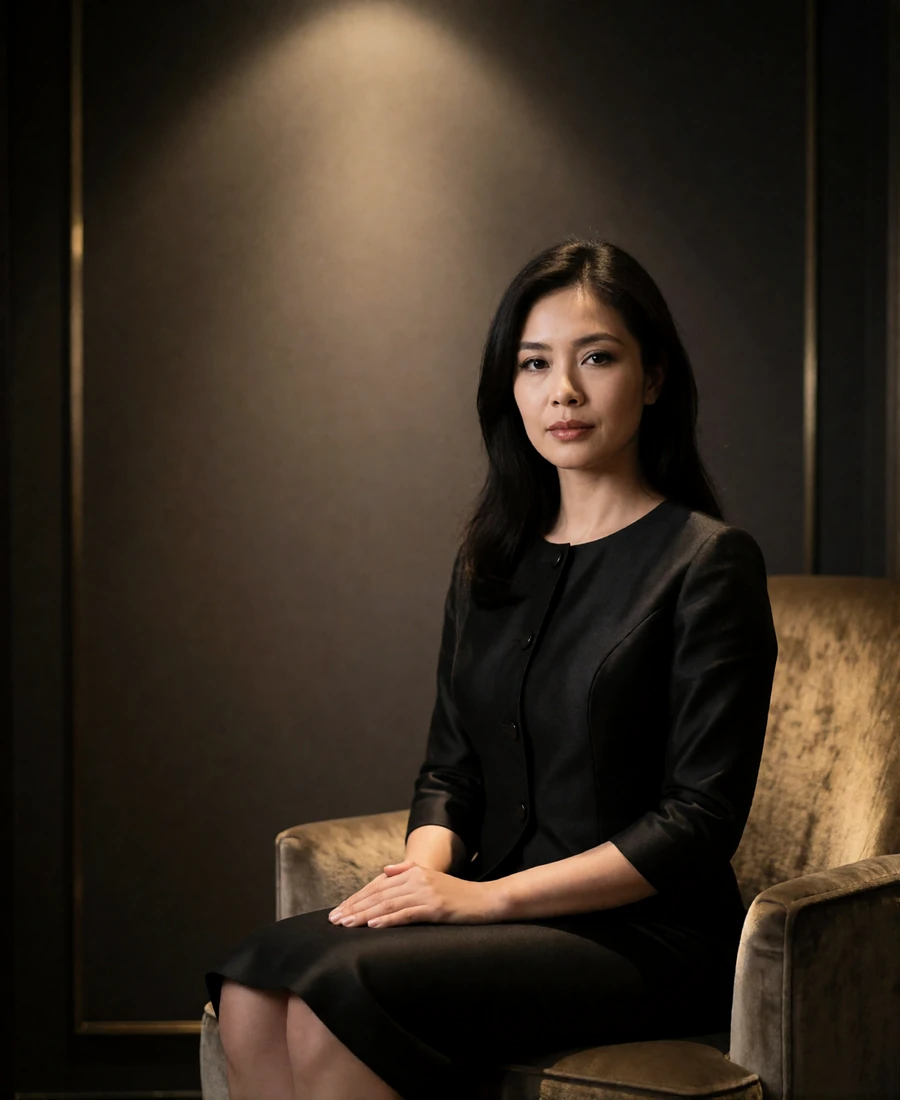Burmese member in a black tailored dress seated composed in a dim luxury hotel lounge
