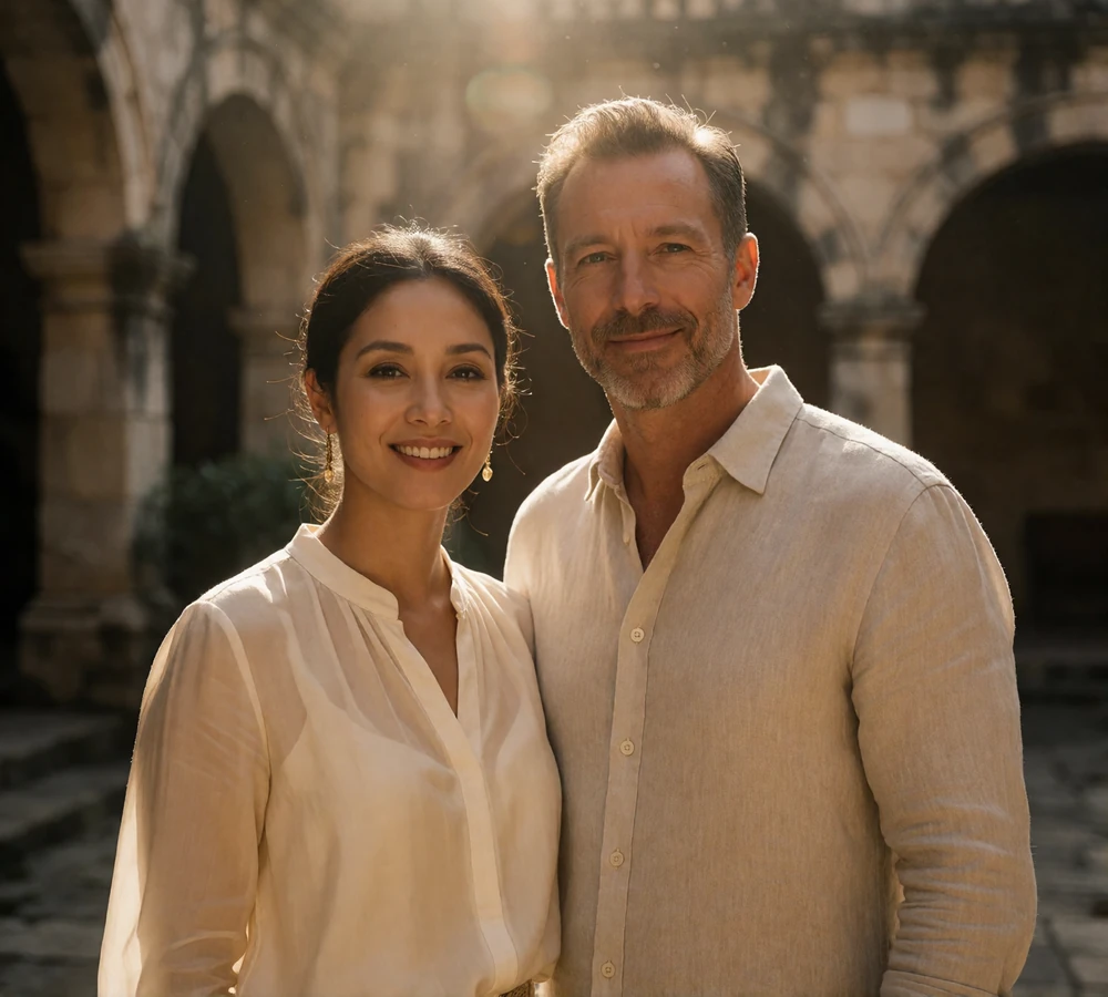 Couple smiling together in a sunlit stone courtyard, she in an ivory blouse and he in a light linen shirt