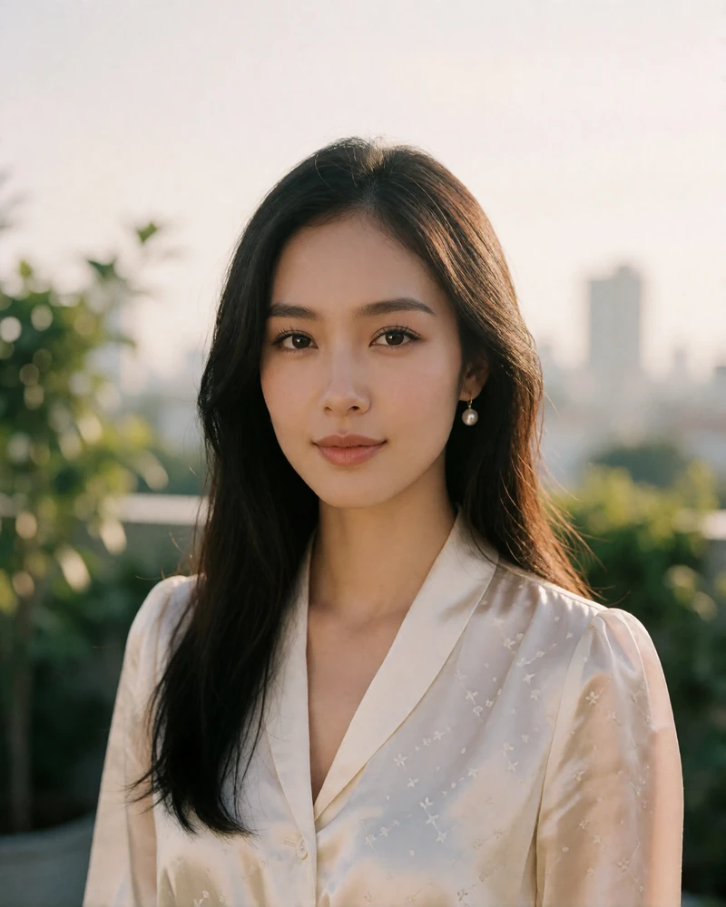 Thai member with long dark hair smiling on a quiet rooftop terrace in Bangkok