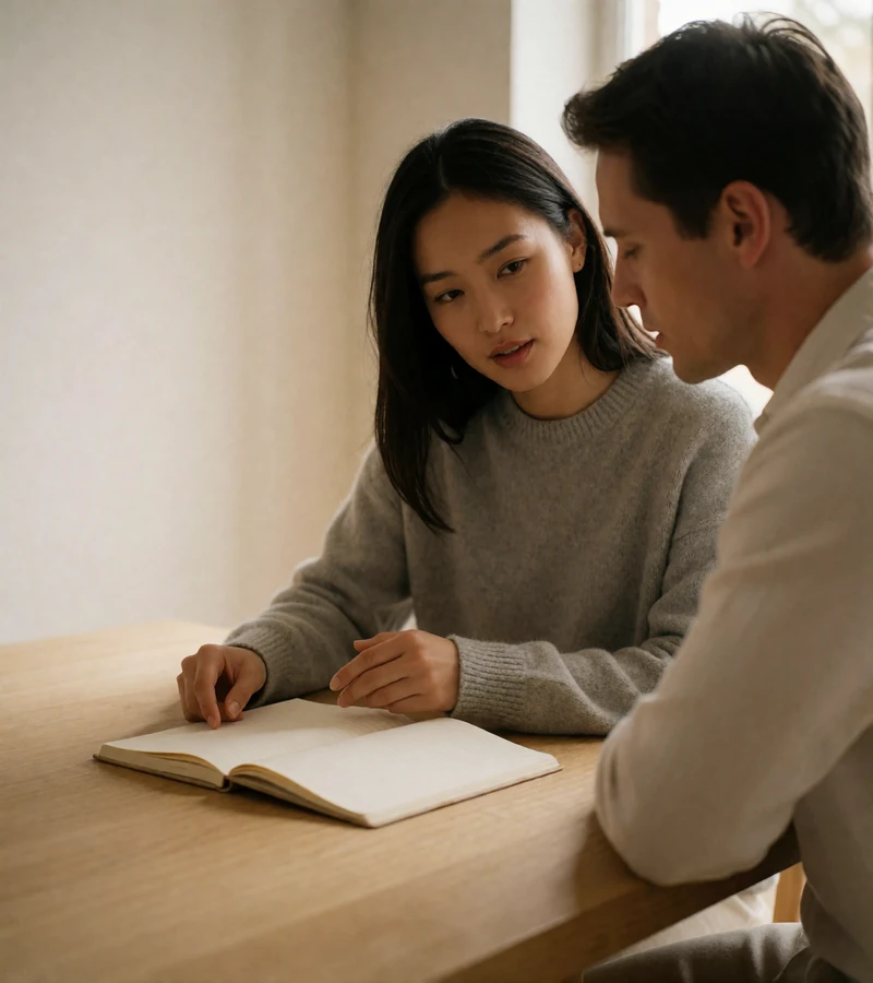 Couple sitting together at a table in a minimalist home, discussing plans over a notebook