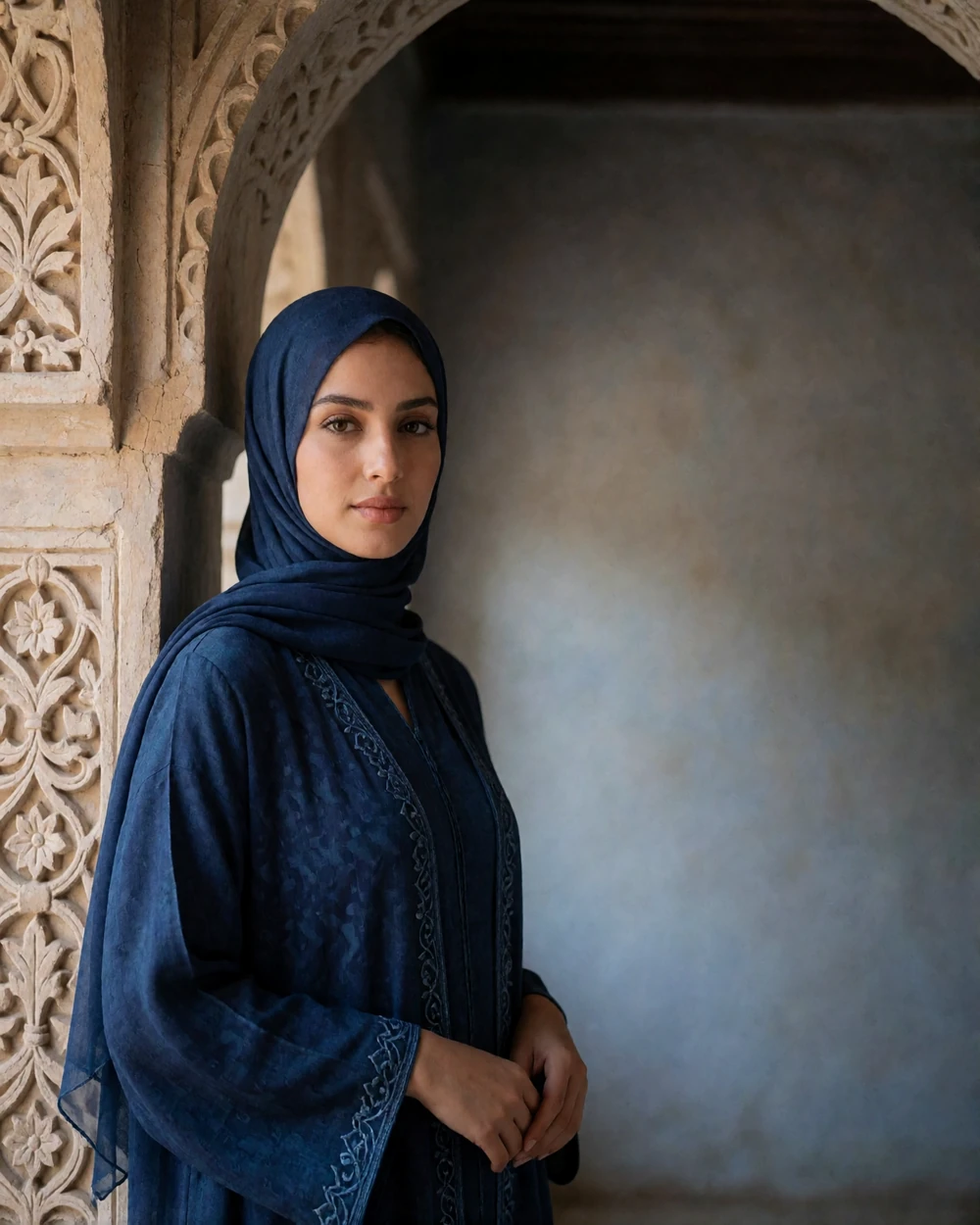 Yemeni woman in a modest indigo abaya standing beneath a carved plaster arch with a soft headscarf