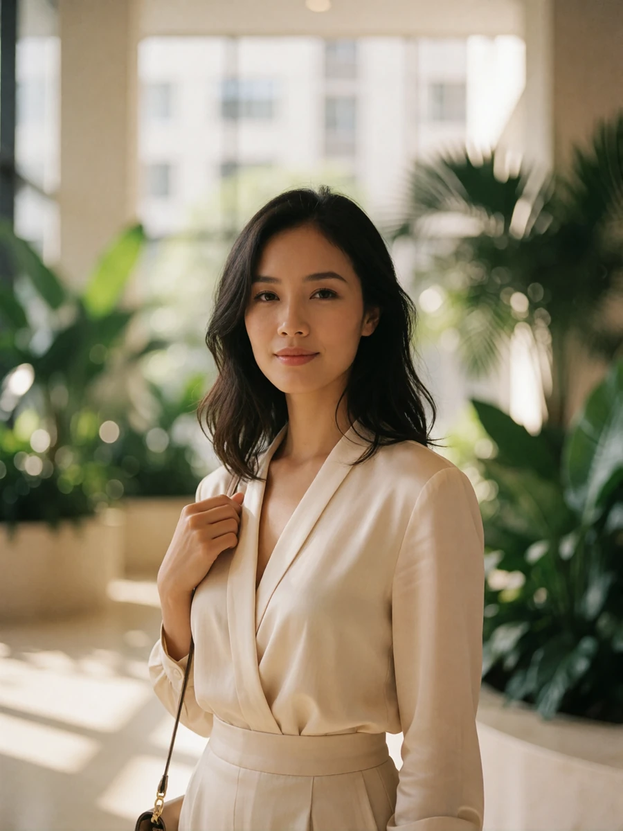 Poised Malaysian woman in a tailored ivory blouse standing in a bright modern lobby with tropical plants