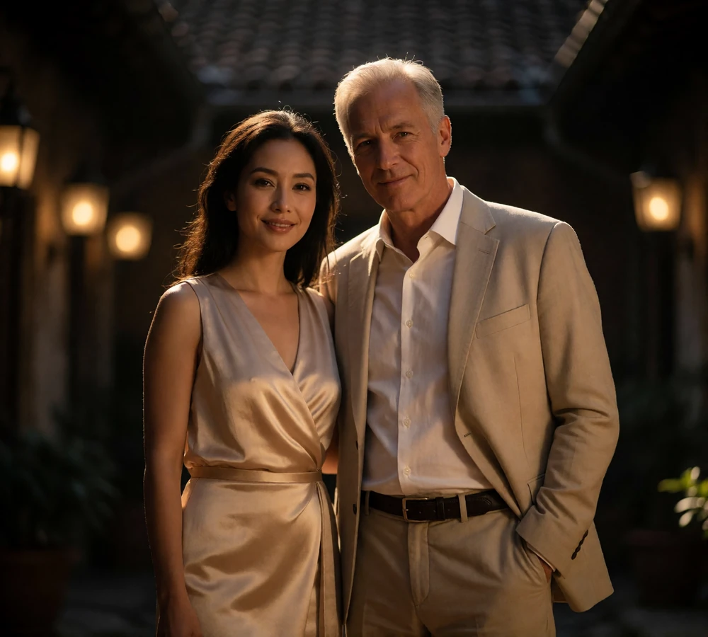 Lao woman and Western man standing close together in a lantern-lit courtyard at night