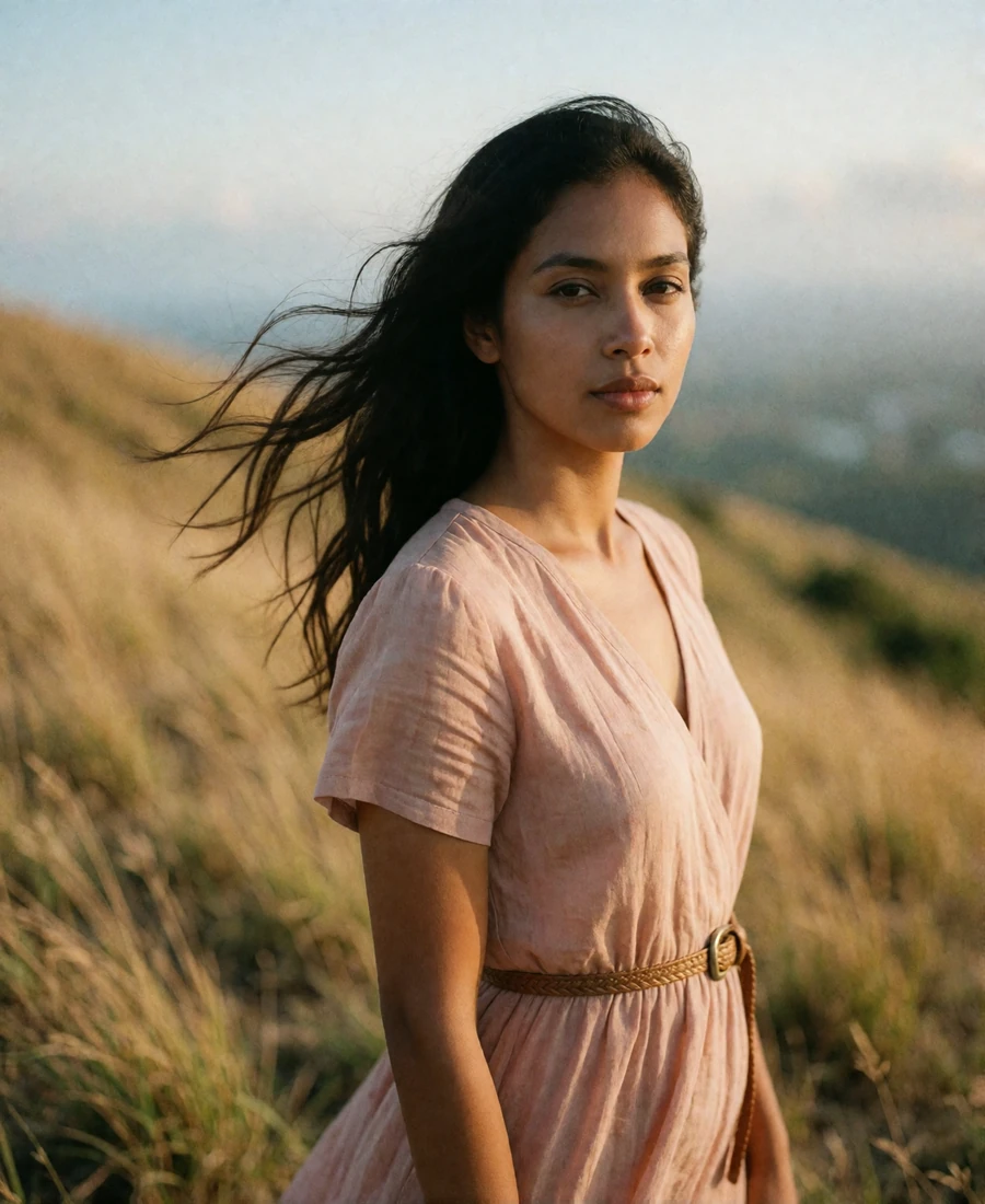 Timorese member in a dusty-rose dress standing on an open hillside with the wind moving her hair