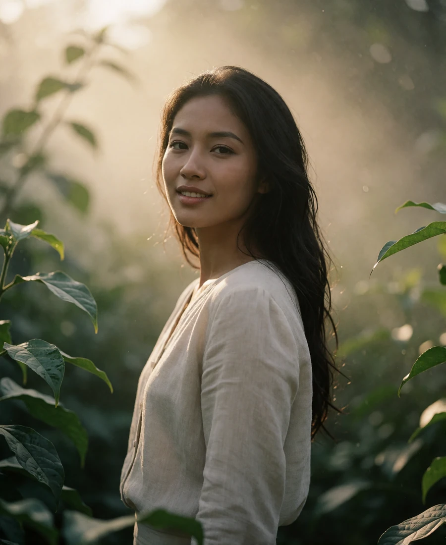 Lao woman in a linen blouse standing among soft green foliage in a highland garden