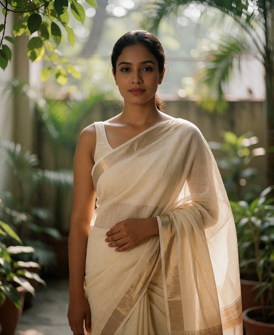 Bangladeshi woman in a cream cotton saree standing in a leafy interior courtyard