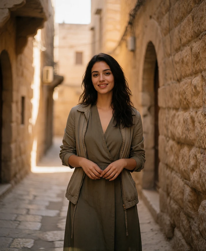 Jordanian woman in an olive dress walking down a sunlit old-town stone street at golden hour