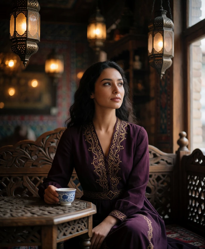 Tajik woman in a plum dress seated at a carved wooden table in a traditional teahouse