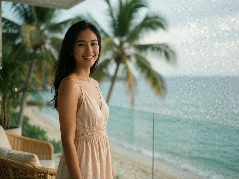 Filipina woman in a light sundress on a shaded tropical hotel terrace by the sea