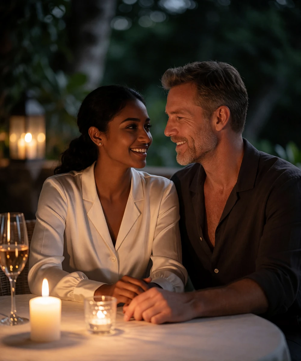 Couple sharing a candlelit dinner on an open veranda, leaning toward each other in quiet conversation
